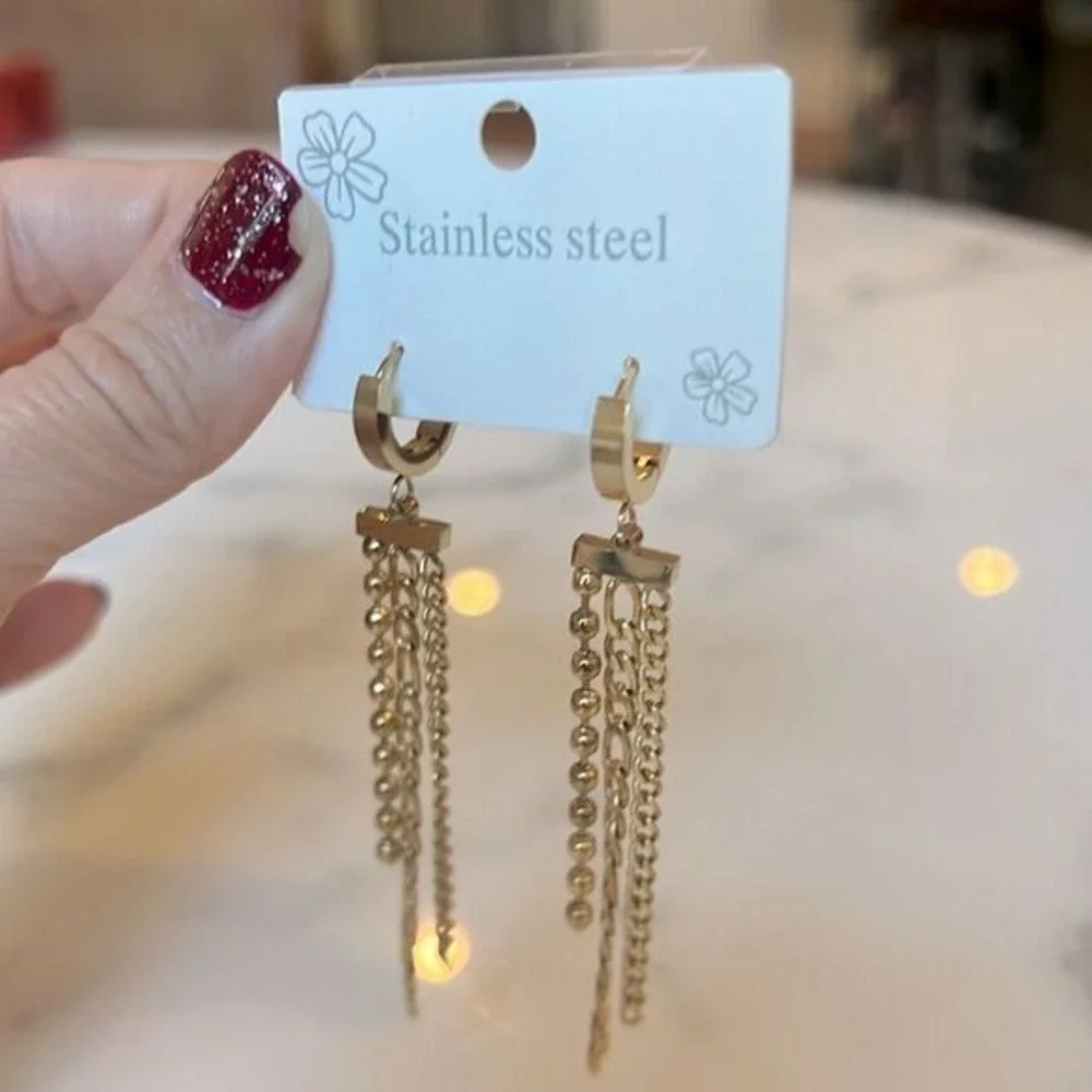Gold Stainless Steel Multi Strand Tassel‎ Huggie Hoop Dangle Drop Earrings Long